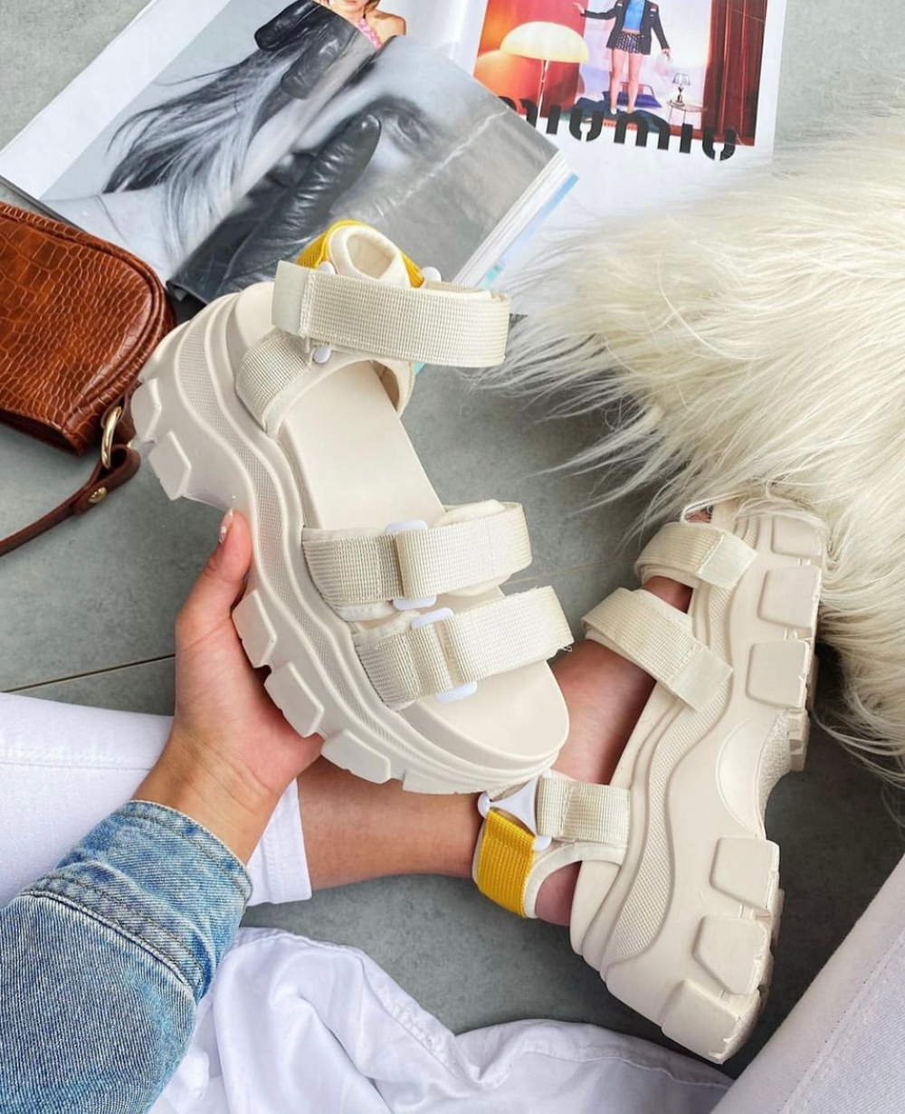 Сандалии бежевые на объемной подошве - 40 (25 см) - Искусственная кожа - Бежевый - Лето -