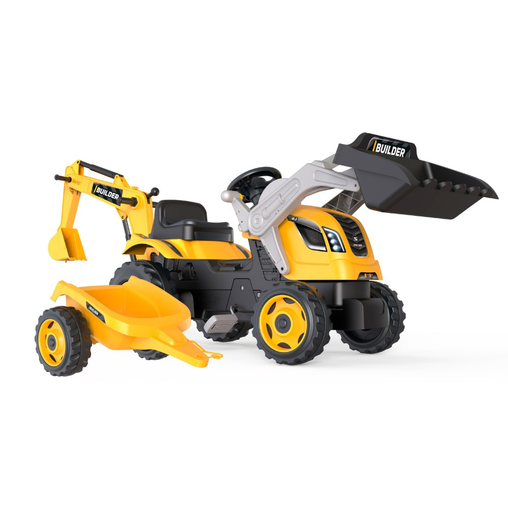 Детский педальный трактор Smoby Builder MAX 710304 с ковшом экскаватором и прицепом жёлтый от 3 лет — фото 3
