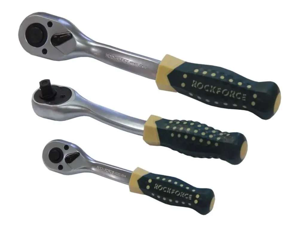 Трещотка реверсивная усиленная изогнутая с резиновой ручкой 3/8''(72зуб.) RockForce##Rock FORCE RF-802322