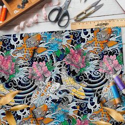 Ткань барби японские карпы с бутонами на волнах