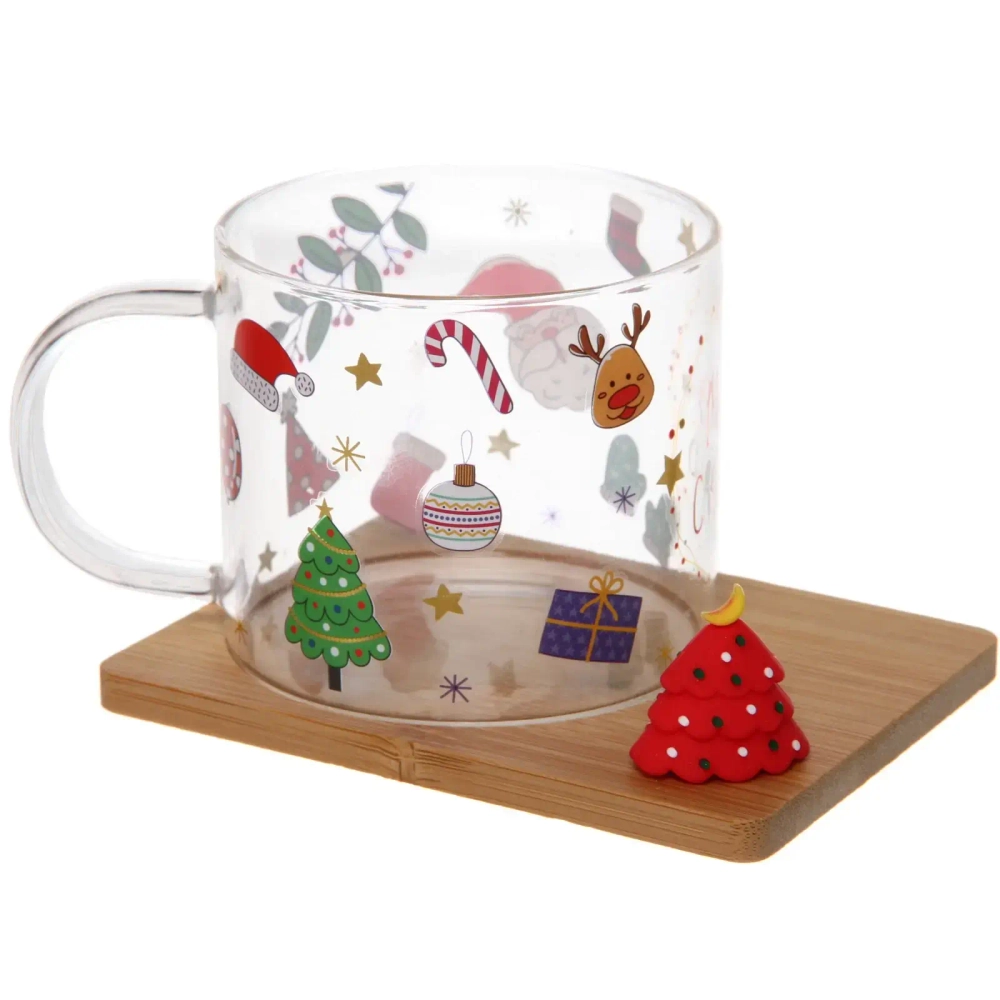 Кружка стеклянная 280мл «Новогодние чудеса» на бамбуковой подставке, прозрачная