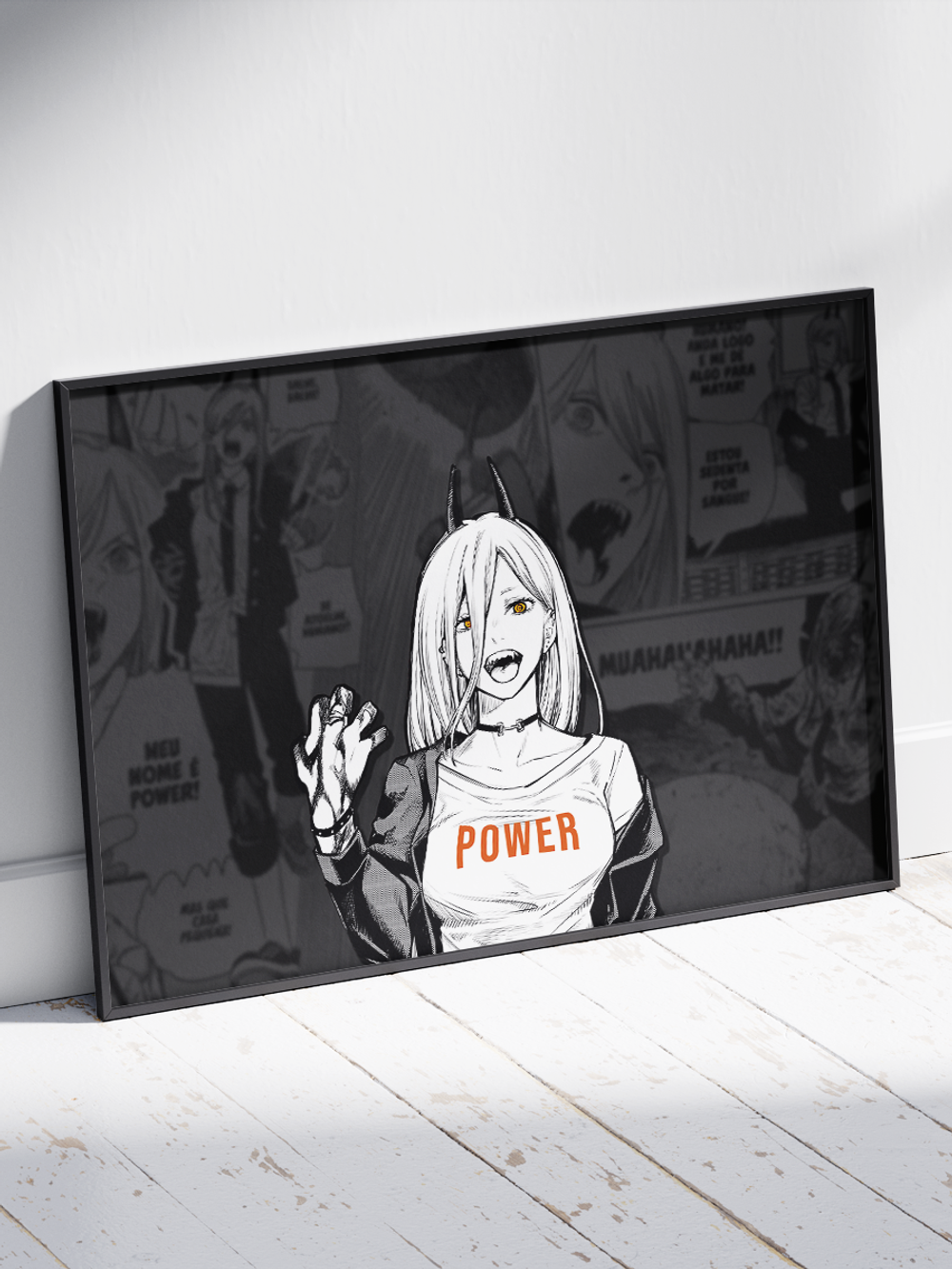 Постер плакат Пауэр На Фоне Манги Чб Chainsaw Man Человек Бензопила