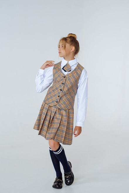 Жилет для девочки "Мячик" (сине-бежевая клетка) коллекция "Галактика ЭКОНОМ"