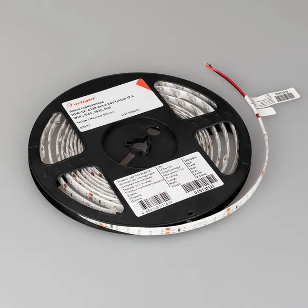 Светодиодная лента герметичная RTW-SE-A120-8mm 24V Yellow (9.6 W/m, IP65, 2835, 5m) (Arlight, 9.6 Вт/м, IP65) 015132(2)
