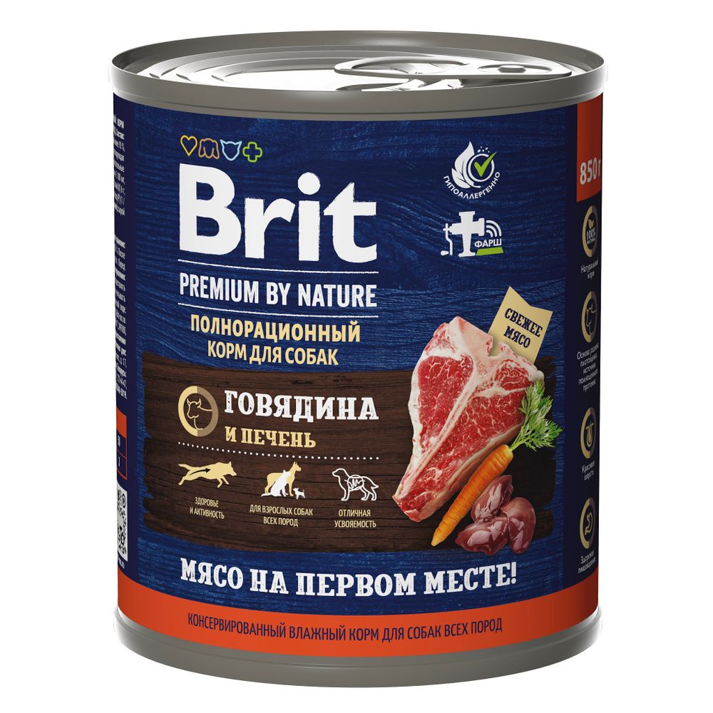 Консервы Brit Premium с говядиной и печенью для взрослых собак всех пород Консервы Brit Premium с говядиной и печенью для взрослых собак всех пород