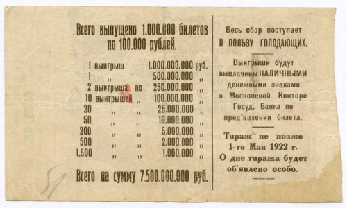 Билет лотереи "В пользу голодающих" 1922 год. Цена 100000 рублей. № 0763733
