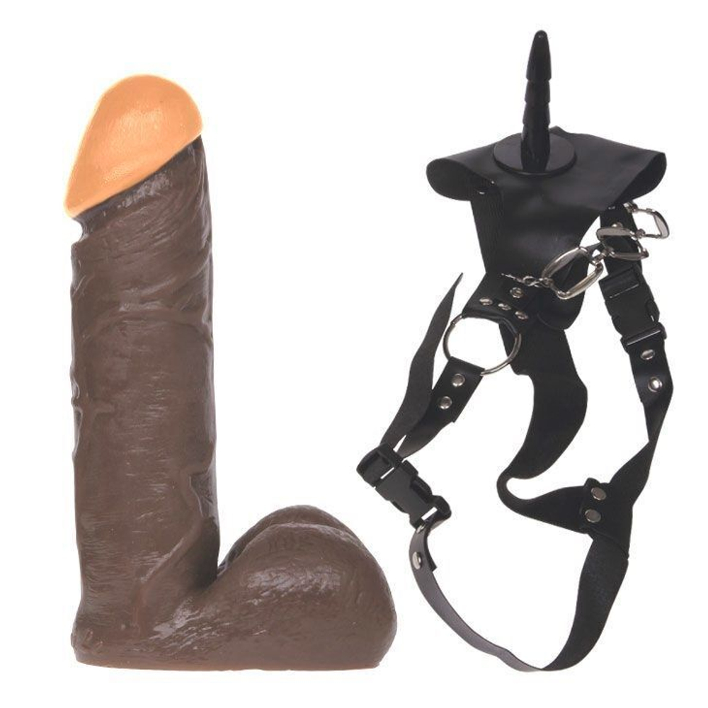 Женский страпон с оранжево-коричневой реалистичной насадкой - 17,5 см. (Цвет: коричневый)