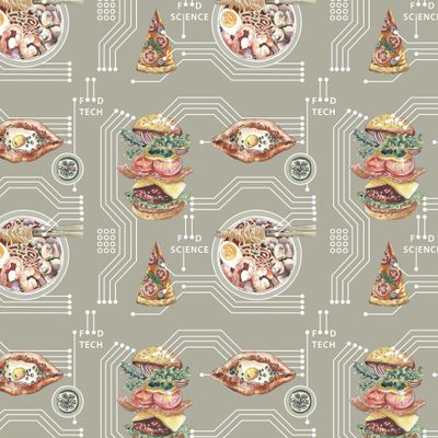 Ткань Технологии и Еда: гамбургер, пицца, вок