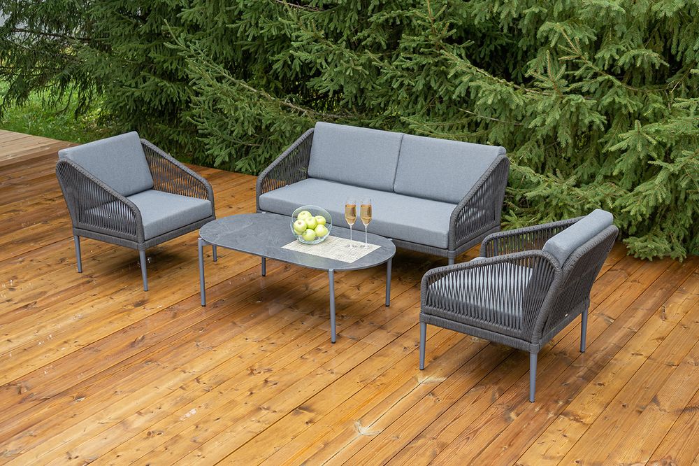 "Канны" лаунж-зона 4-местная (разборная) из роупа со столиком "Диего" цвета "серый гранит", роуп темно-серый круглый, ткань темно-серая