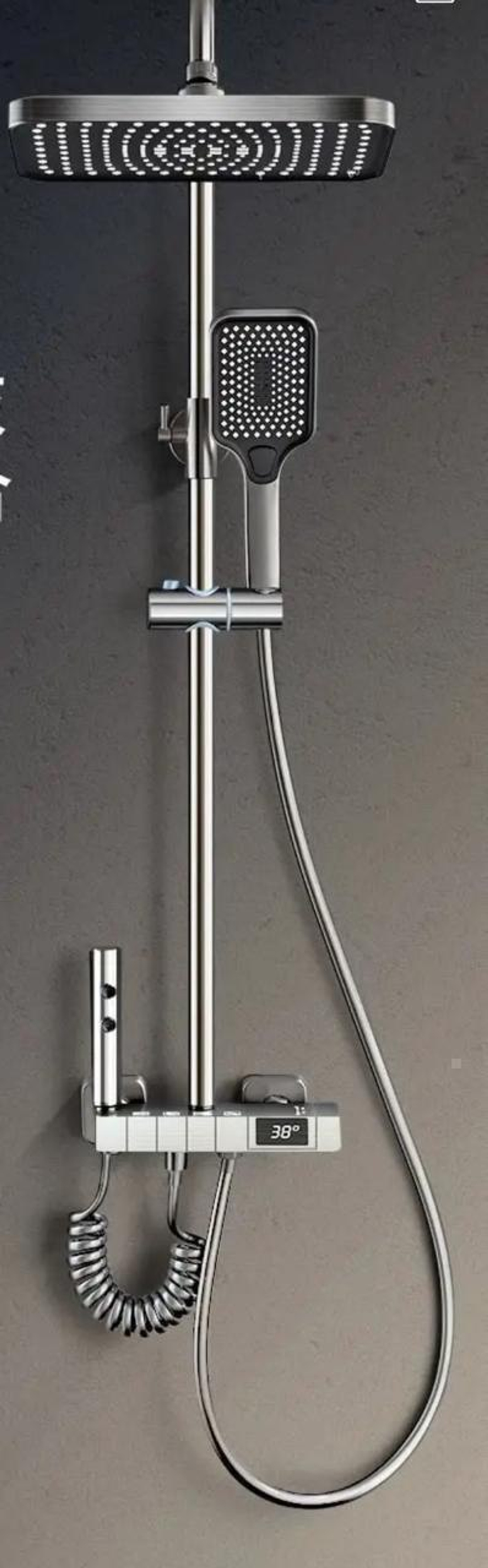 Душевая система с тропическим душем, термостатом и цифровым дисплеем, цвет «Оружейная сталь» (Gun Grey)