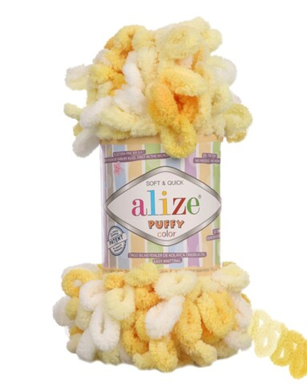 Пуффи колор (Puffy color) пряжа Alize 100%микрополиэстер 5х100г/9 м (5921 белый-желтый)