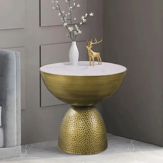 Журнальный столик Drum, Ø51х50 см, белая керамика, латунь