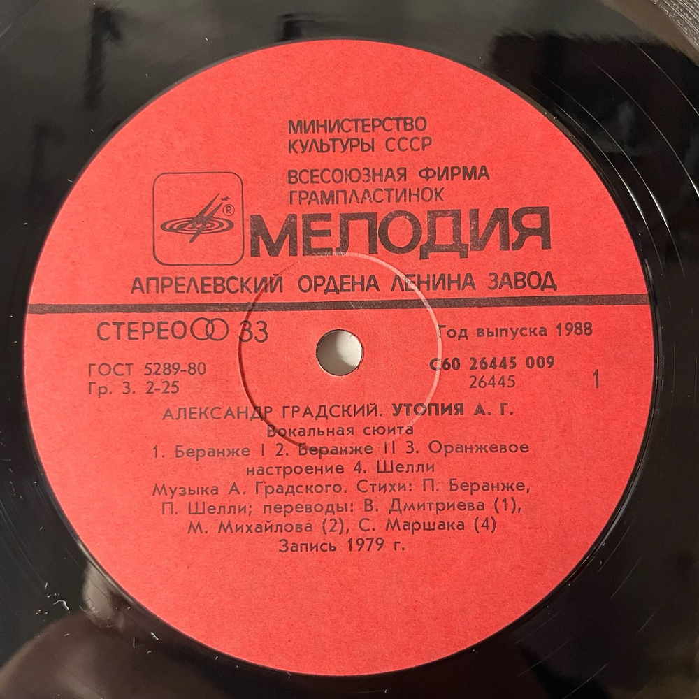 Винтажная виниловая пластинка LP Александр Градский Утопия А. Г. (СССР 1988)