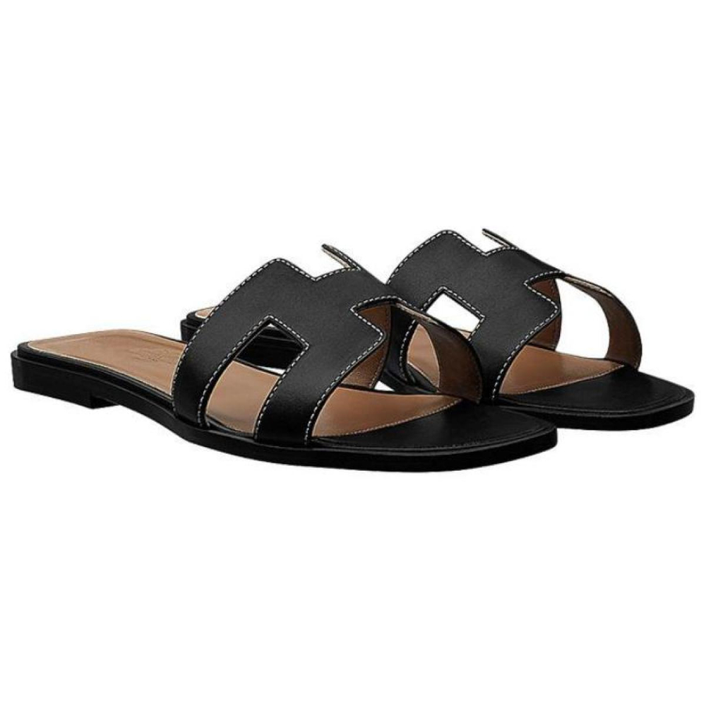 Hermes Oran first layer cowhide calfskin classic "H” upper slippers women's black, H021056Z 01