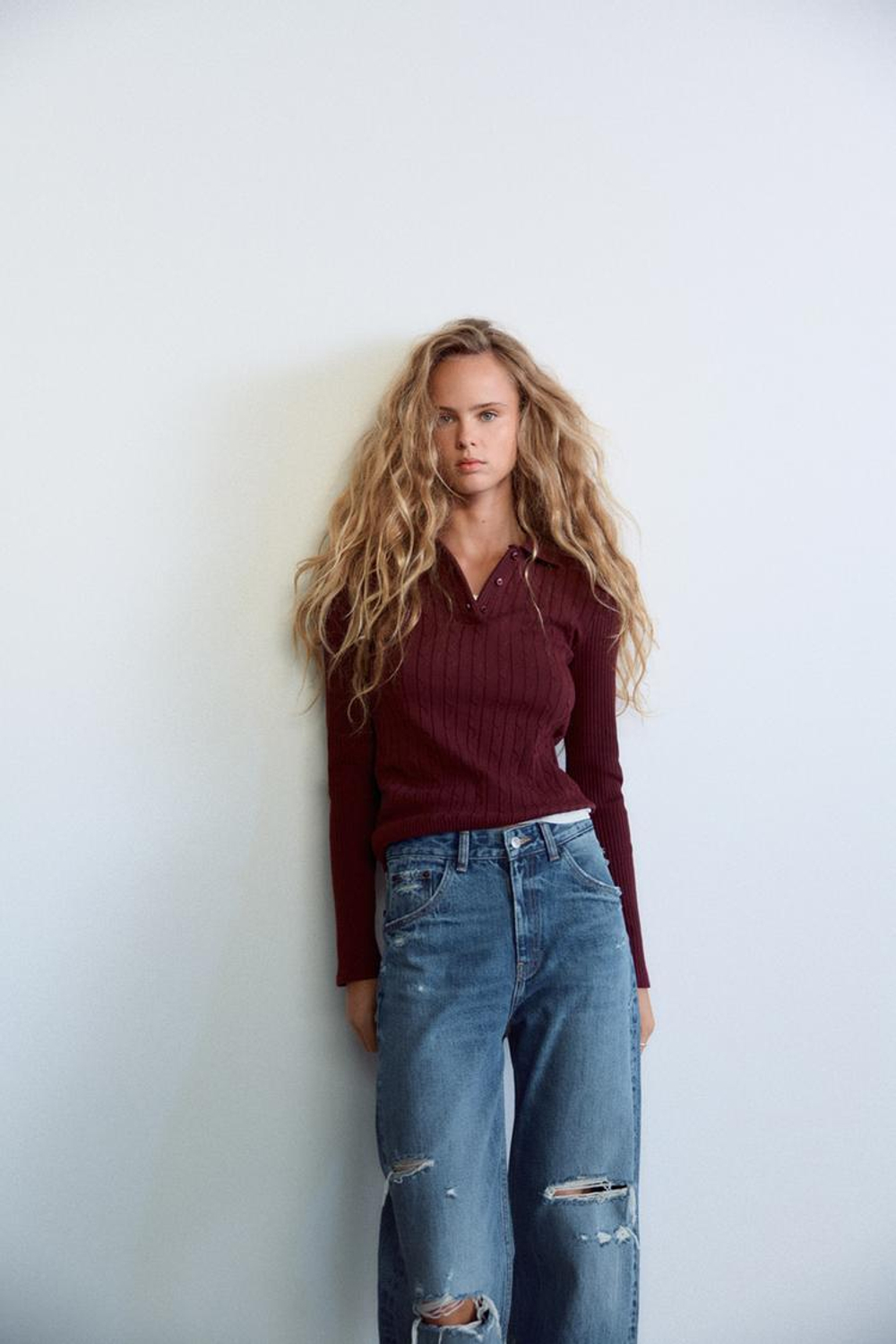 ZARA ТОП ПОЛО С УЗОРОМ «КОСЫ», ТЕМНО-БОРДОВЫЙ