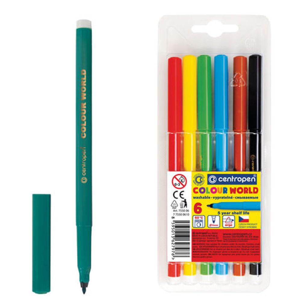 Фломастеры 6 ЦВЕТОВ CENTROPEN "Colour World", круглые, смываемые, вентилируемый колпачок, 7550/6TP, 7 7550 0684