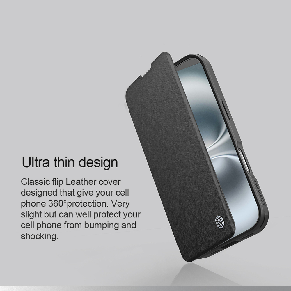 Кожаный чехол книжка от Nillkin с откидной крышкой для камеры для iPhone 16, серия Qin Prop Leather Case
