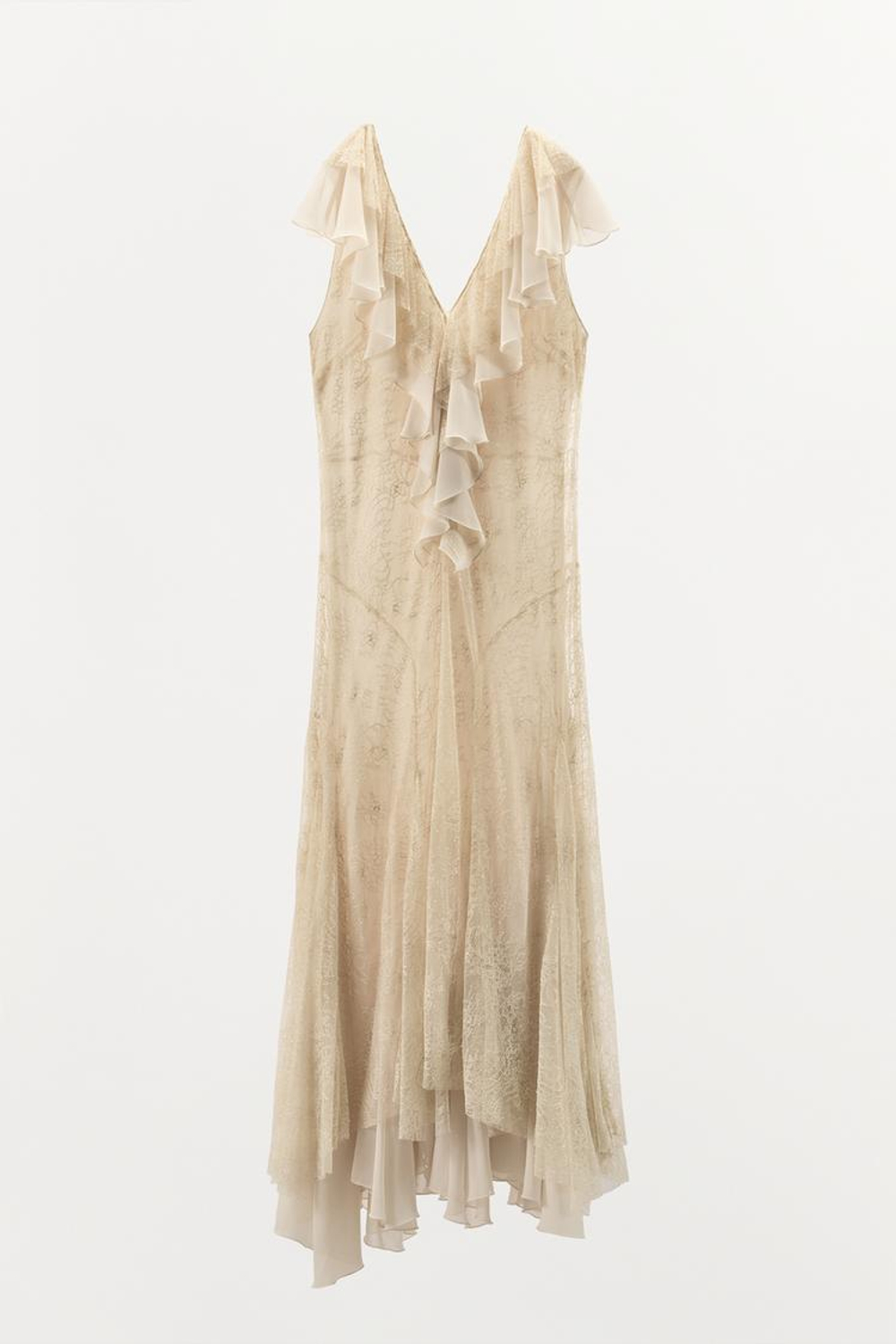 ZARA ПЛАТЬЕ С ВОЛАНАМИ И КРУЖЕВОМ — ZW COLLECTION, ЭКРЮ