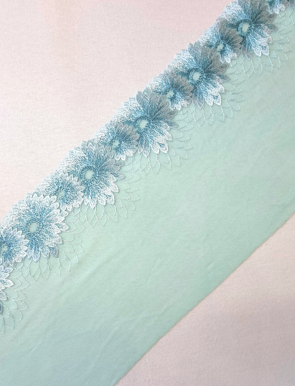 Вышивка на сетке ментоловая с цветами К182 правая