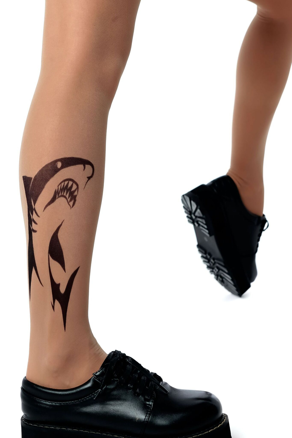 Колготки +size с принтом в виде акулы на правой ножке (Размер: XL-XXL-XXXL) (Цвет: бежевый)