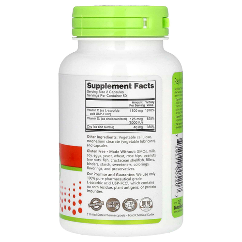 NutriBiotic, Immunity, витамины C + D3 и цинк, 100 капсул