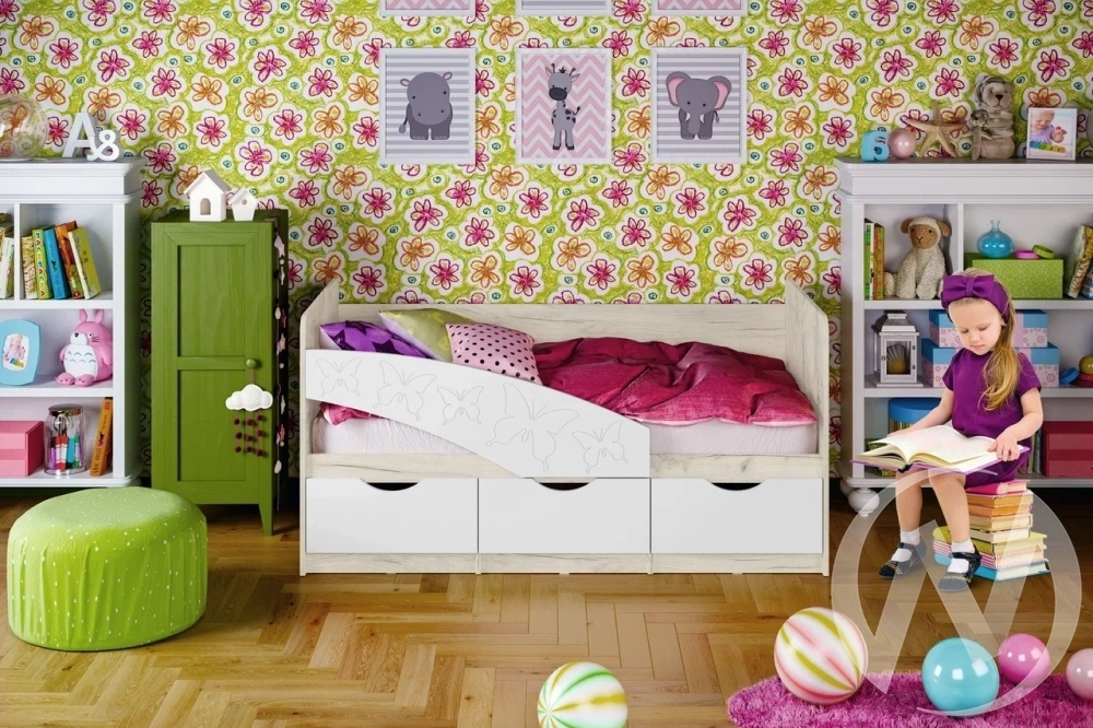 Кровать 1;8*0;8м Бабочки (дуб крафт белый/шарли белый)