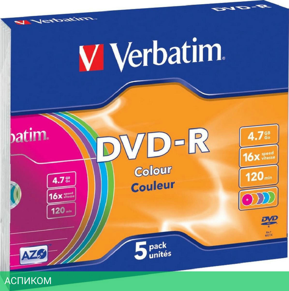 DVD-R диск Verbatim 4.7Gb 16x Slim case Color 5шт (43557)