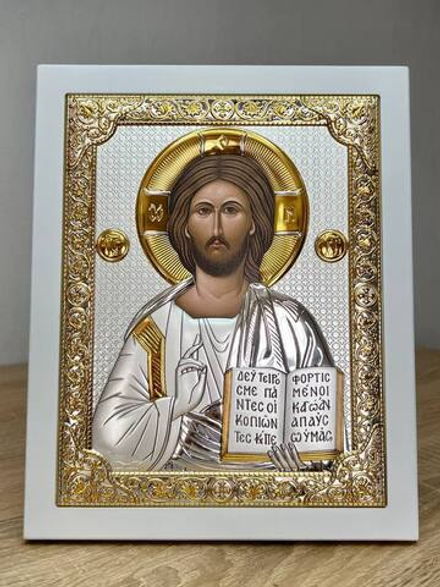 Спаситель, икона прямоугольная с рамкой, белое дерево 150х190