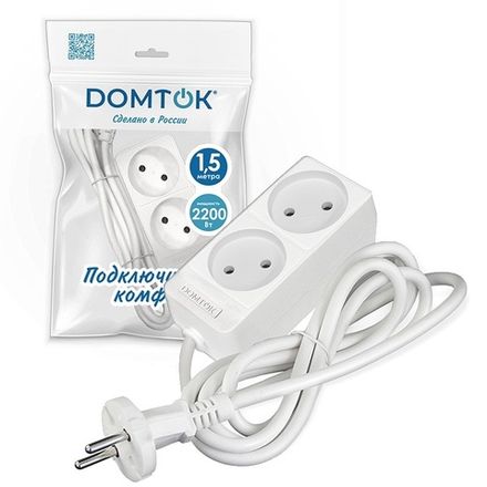 Удлинитель бытовой "DOMTOK" 2гн., ПВС 2*1, 2,2кВт, б/з 1,5м (1/60)