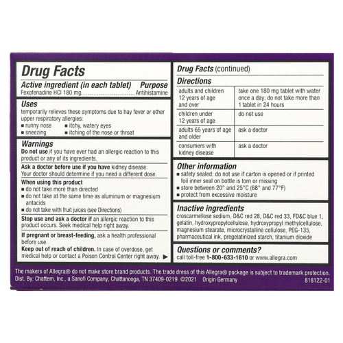 Allegra, Allergy 24H, 180 мг, 24 капсулы