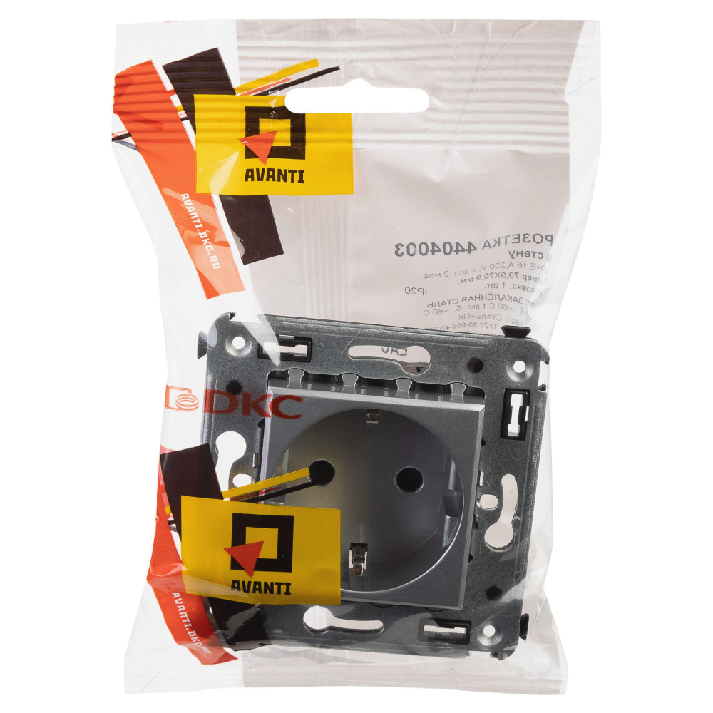 Розетка в стену, 2P+E, с з/ш, "Avanti", "Закаленная сталь"