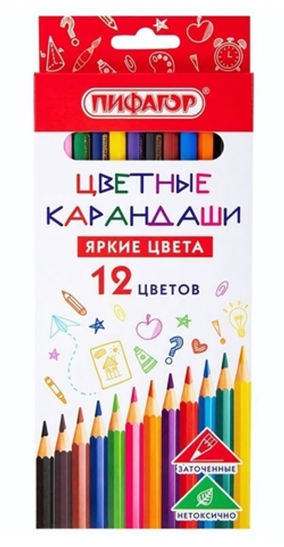 Карандаши цветные 12цв,шестигранные ЭКО "КЛАССИК" (Пифагор)
