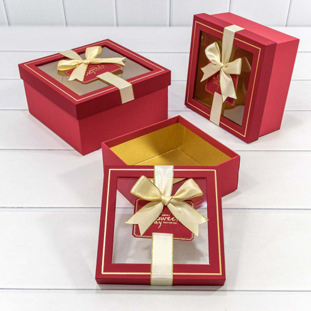 Коробка 19х19х9.5 см Набор 3 шт с окошком (Красный)