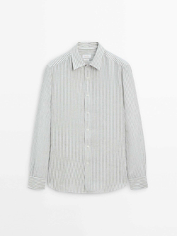 Massimo Dutti Рубашка из 100% льна в полоску, зеленый
