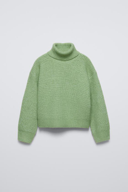 ZARA СВИТЕР С ВЫСОКИМ ВОРОТНИКОМ, СВЕТЛО-ЗЕЛЕНЫЙ