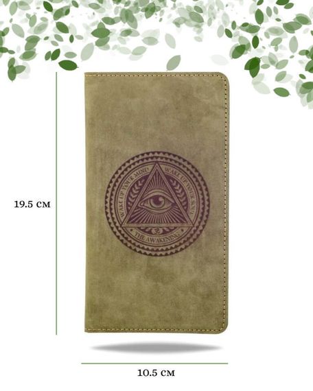 Фото функционального кошелька Всевидящее Око из зеленой кожи хитрый лис Инфографика Размеры