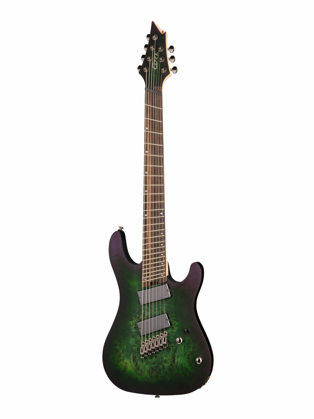 Cort KX507MS-SDG KX Series Электрогитара 7-струнная, мультимензурная. Корпус: красное дерево, топ из клена. Гриф: клен и амарант. Звукосниматели: хамбакеры Fishman Fluence Modern. Цвет: зеленый Star Dust Green.