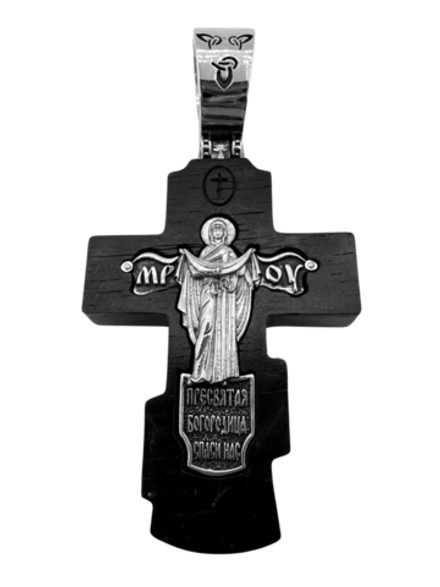Крест деревянный с элементами серебра "Распятие.Икона Божией Матери Нерушимая стена.Ангел Хранитель"