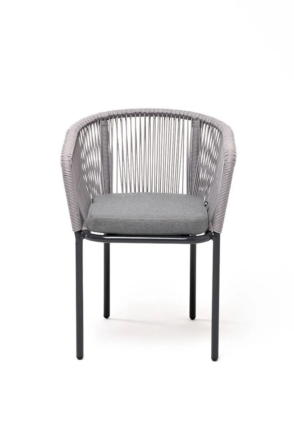 "Марсель" стул плетеный из роупа, каркас алюминий темно-серый (RAL7024) муар, роуп светло-серый круглый, ткань светло-серая
