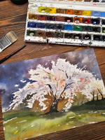 Картина авторская акварельная в паспарту 30х40 см на стену для интерьера "Цветущая сакура"