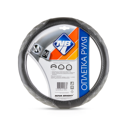 47374 Оплетка рулевого колеса "Nova Bright" (M) экокожа,черная, с серыми  вставками, белая строчка