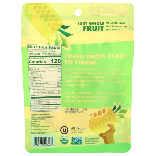 Solely, Органические сухофрукты, ананасовые кольца, 100 г (3,5 унции)