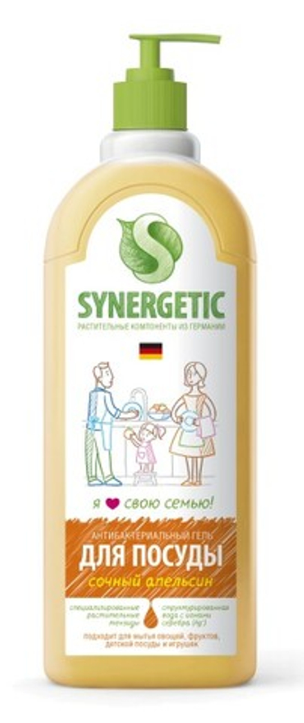 Средство д/мытья посуды антибактериальное Synergetic ЭКО 1л Апельсин, с дозатором