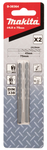 Сверло по металлу HSS-R 4х43x75, 2 шт. Makita D-38364 Металл HSS-R 4,0 x 43 х 75 мм 118 град 2 шт.