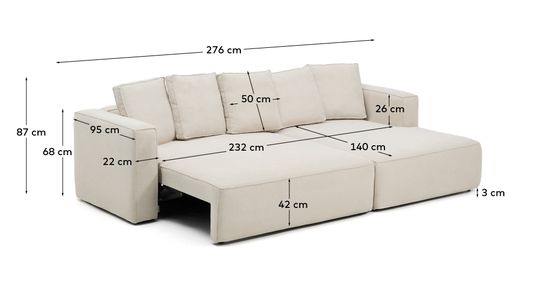 3-местный диван-кровать Marela бежевый шенилл с кушеткой справа 276 см