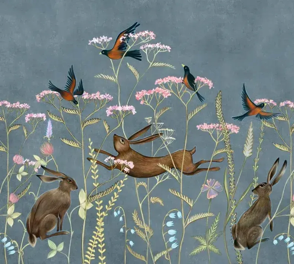Фотообои флизелиновые ФабрикаФресок Зайцы в цветах 300х270см, обои в детскую, в спальню, гостиную