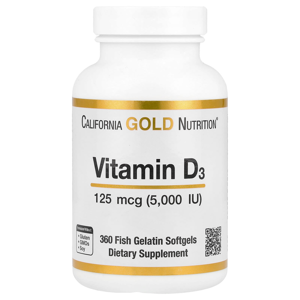 California Gold Nutrition, витамин D3, 125 мкг (5000 МЕ), 360 капсул из рыбьего желатина