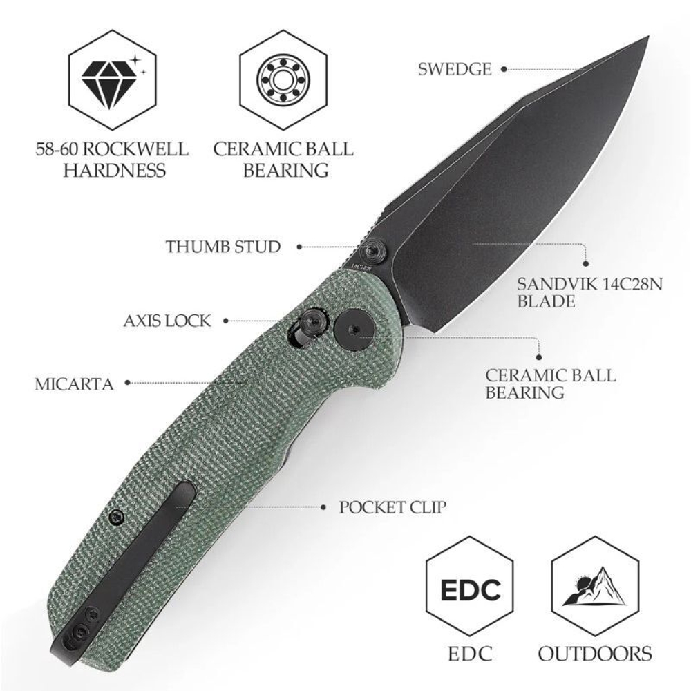 Складной туристический нож TRIVISA Hornet-04G клинок 14C28N рукоять micarta (черный-зеленый)