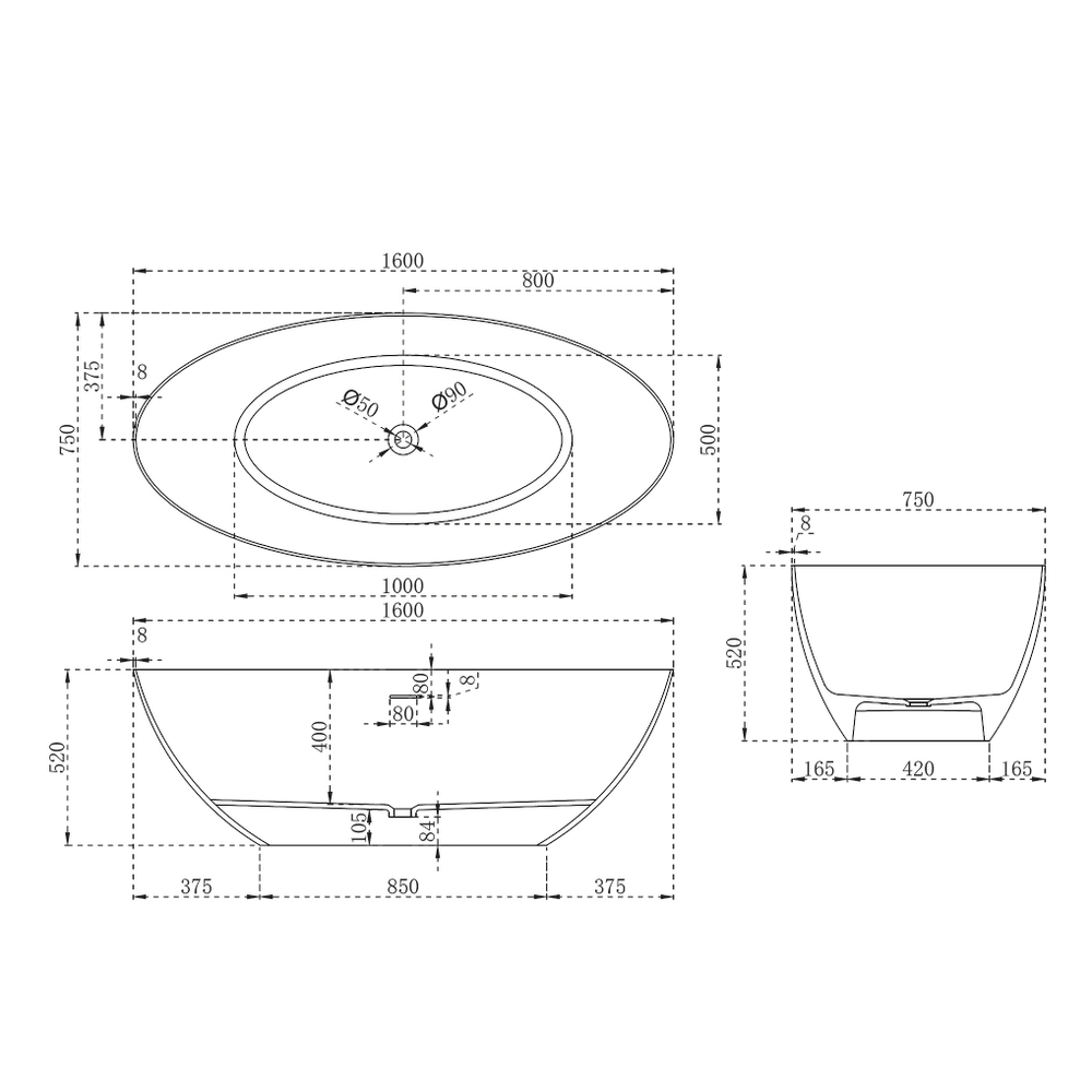 Ванна из искусственного камня ABBER Stein AS9625-1.6 белая матовая