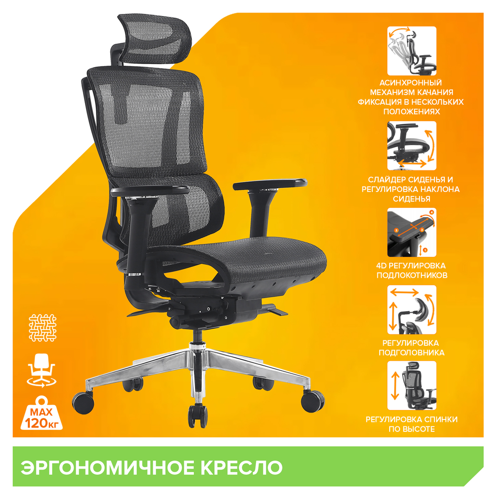 Кресло руководителя Everprof Mega, Сетка, Черный